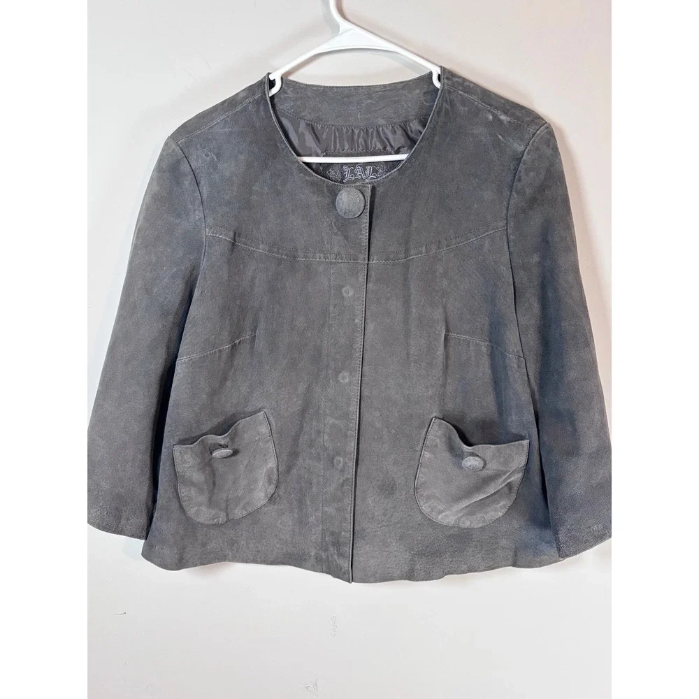 LAL Gray Suede Leather Jacket Womens Large Cropped 3/4 Sleeve Snap Front 5106WS - Picture 1 of 4